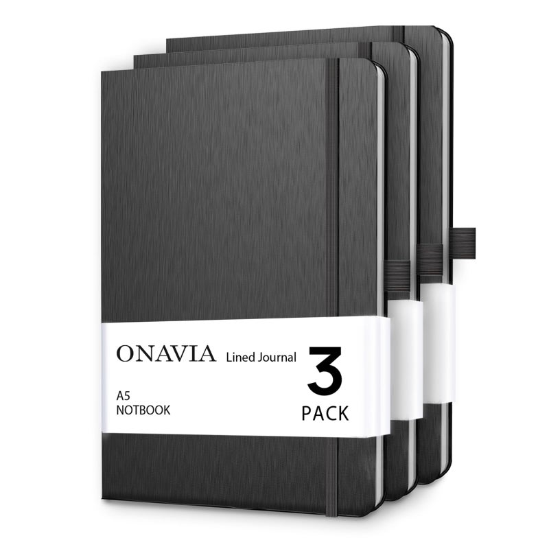 ONAVIA A5 College Ruled Notebook 3 Pack, Hardcover Lined Journals for School Notes, Study, Homework, Class Writing and Journaling, 160 Pages (80 Sheets), 5.8 x 8.3 in, Black - Image 1