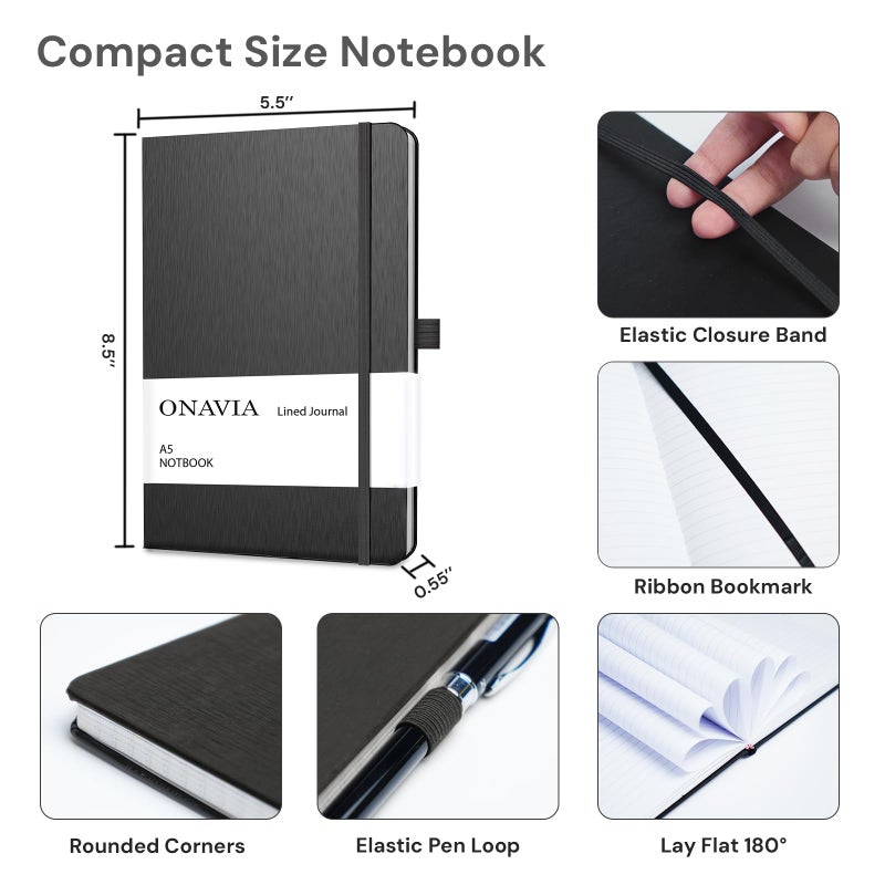 ONAVIA A5 College Ruled Notebook 3 Pack, Hardcover Lined Journals for School Notes, Study, Homework, Class Writing and Journaling, 160 Pages (80 Sheets), 5.8 x 8.3 in, Black - Image 2