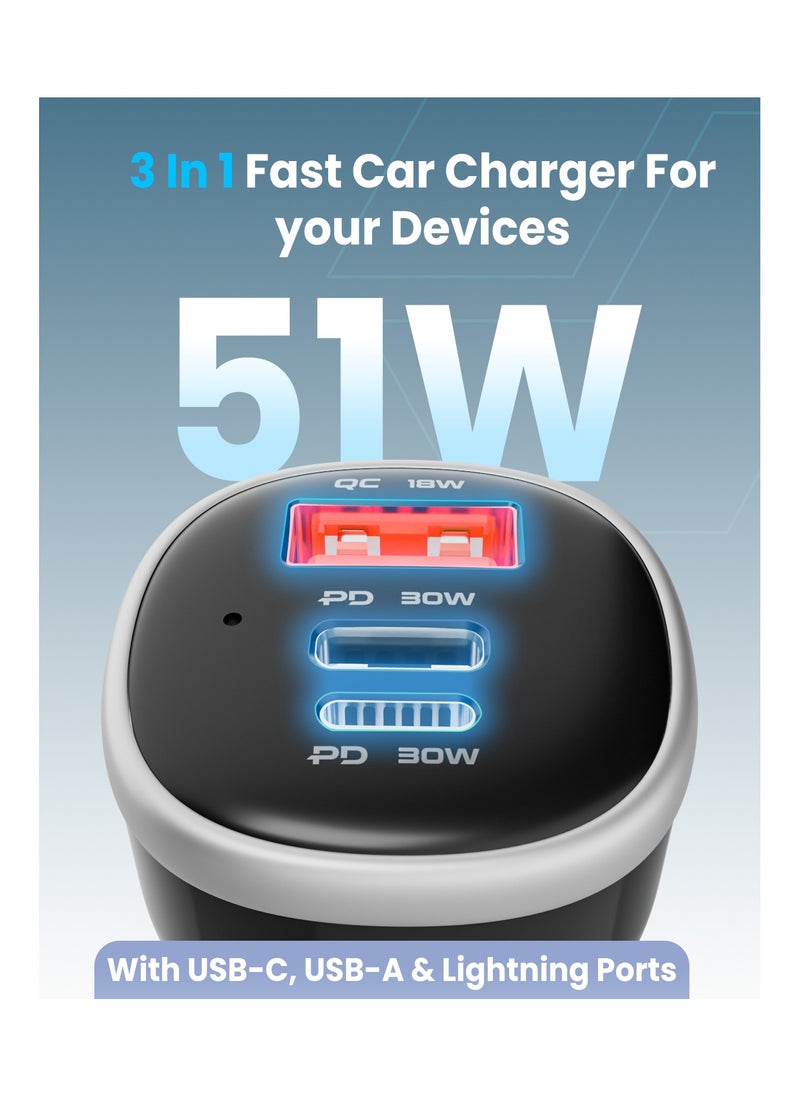 Moxedo - Moxedo 51W Ultra-Fast Car Charger PPS Technology PD 3.0 with 3 Ports USB-C/USB-A Compatible for Android, IOS and Other Smartphone Devices - Image 1