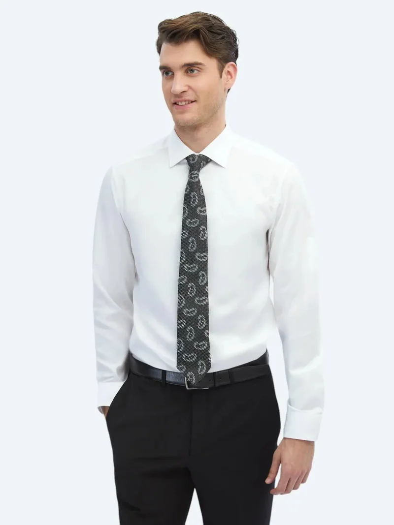 Kip White Plain Slim Fit Weaving Classical 100% Cotton Shirt