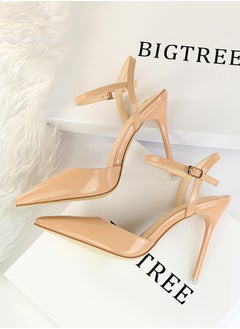 BIGTREE Women's Closed Pointed Toe 10.5 CM High Heels With Adjustable Ankle Strap Sandals Shoes Stiletto Pumps Beige  - Image 3