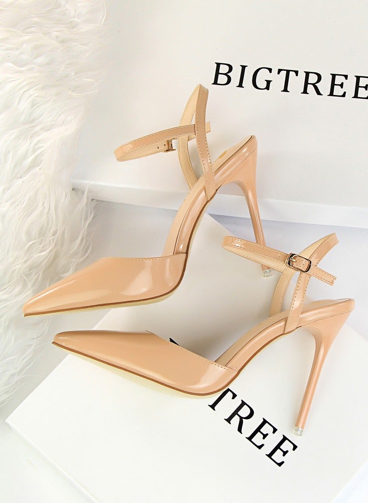 BIGTREE Women's Closed Pointed Toe 10.5 CM High Heels With Adjustable Ankle Strap Sandals Shoes Stiletto Pumps Beige - Image 3