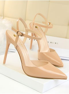 BIGTREE Women's Closed Pointed Toe 10.5 CM High Heels With Adjustable Ankle Strap Sandals Shoes Stiletto Pumps Beige  - Image 2
