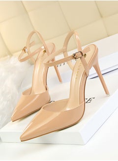 BIGTREE Women's Closed Pointed Toe 10.5 CM High Heels With Adjustable Ankle Strap Sandals Shoes Stiletto Pumps Beige  - Image 1