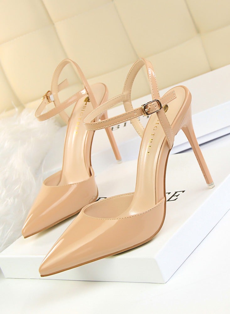 BIGTREE Women's Closed Pointed Toe 10.5 CM High Heels With Adjustable Ankle Strap Sandals Shoes Stiletto Pumps Beige - Image 1