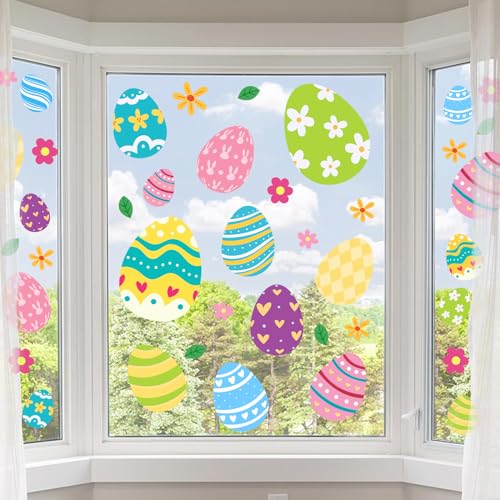 Tuzuaol Extra Large Easter Window Clings Decorations for Glass Windows, 53pcs Removable PVC Multicolor Easter Eggs Window Decals Stickers - Image 1