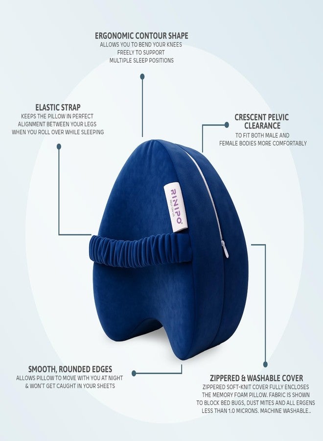 RINIPO Orthopedic Knee Pillow for Side Sleeping-(Velvet Blue), Adjustable Strap, Memory Foam with Washable Zip Cover, Hip, Back & Knee Support, Knock Knee Pillow for Leg Support -6 Month Warranty - Image 4