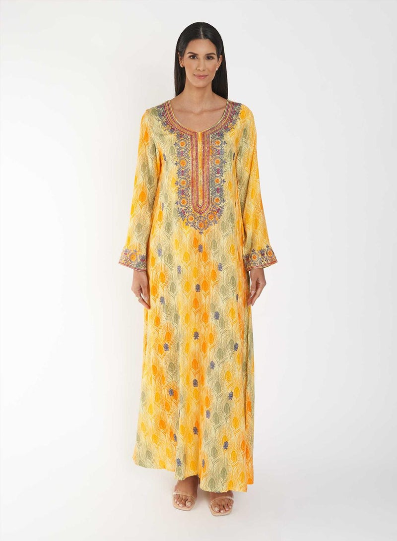 KASHKHA Printed Jalabiya with Yoke Embroidery - Image 1