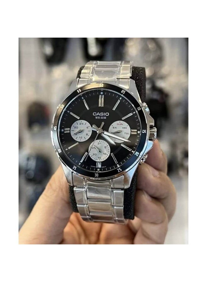 Casio Men's Chronograph Analog Watch – Black Dial, Silver Stainless Steel Strap - Image 2