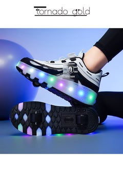 تورنيدو جولد أحذية رياضية لامعة بعجلات LED مزدوجة وفلاش مع عجلات ونعل برق، أحذية أطفال بإبزيم دوار سهل  - Image 4