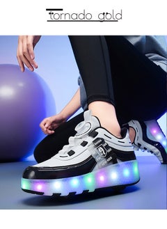 تورنيدو جولد أحذية رياضية لامعة بعجلات LED مزدوجة وفلاش مع عجلات ونعل برق، أحذية أطفال بإبزيم دوار سهل  - Image 3
