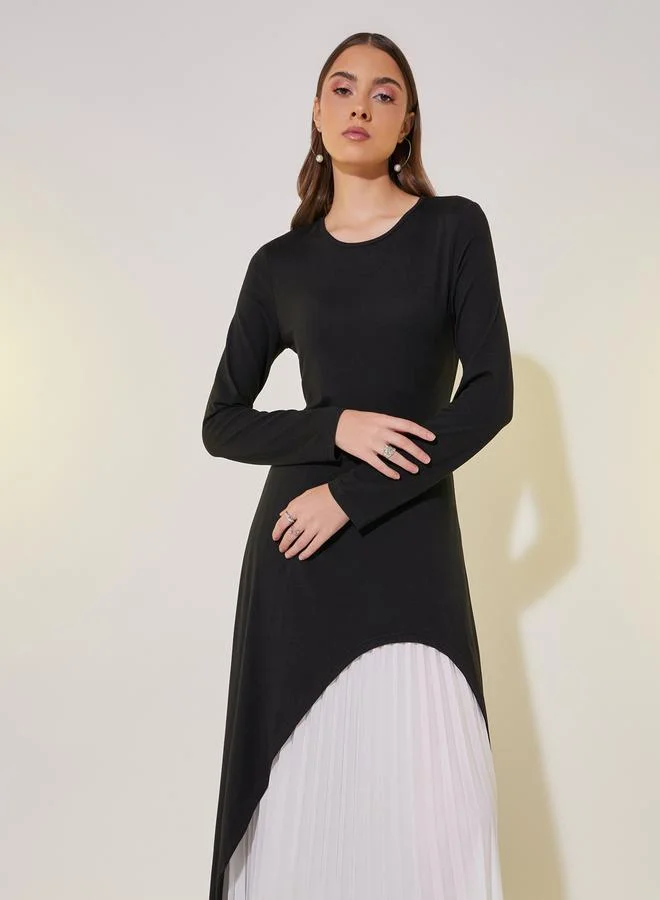 تايك تو Contrast Pleated Detail Long Sleeve Maxi Dress