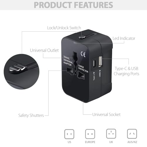 Pivalo Universal Travel Adapter with All in one Multipurpose Power Plug Portable International Travelling 150+ Countries (USB + C Type(Black)) - Image 2