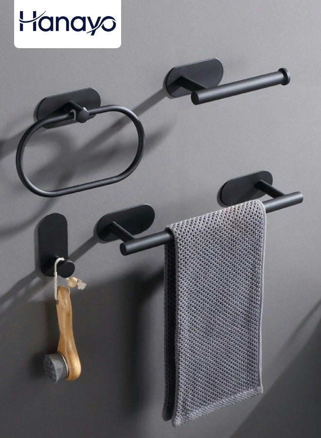 Hanayo مجموعة حامل مناشف الحمام 4 قطع من الفولاذ المقاوم للصدأ مثبتة على الحائط تشمل قضيب مناشف وحامل لورق التواليت اللاصق وحلقة مناشف وخطافات للحمام (أسود) - Image 1