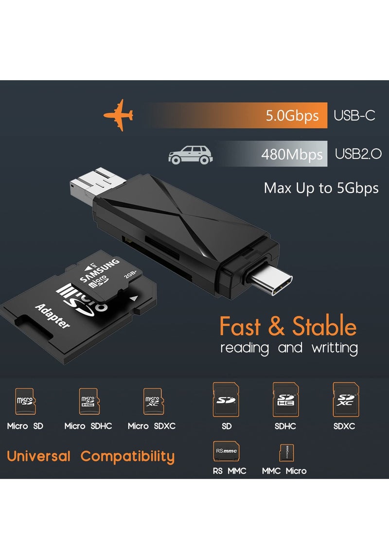 Excefore - 5 in 1 SD Card Reader for Android, USB C and USB 2.0, Micro SD Card to USB Adapter, Portable Memory Card Reader for PC Phone Pads (Black 2 Pack) - Image 1