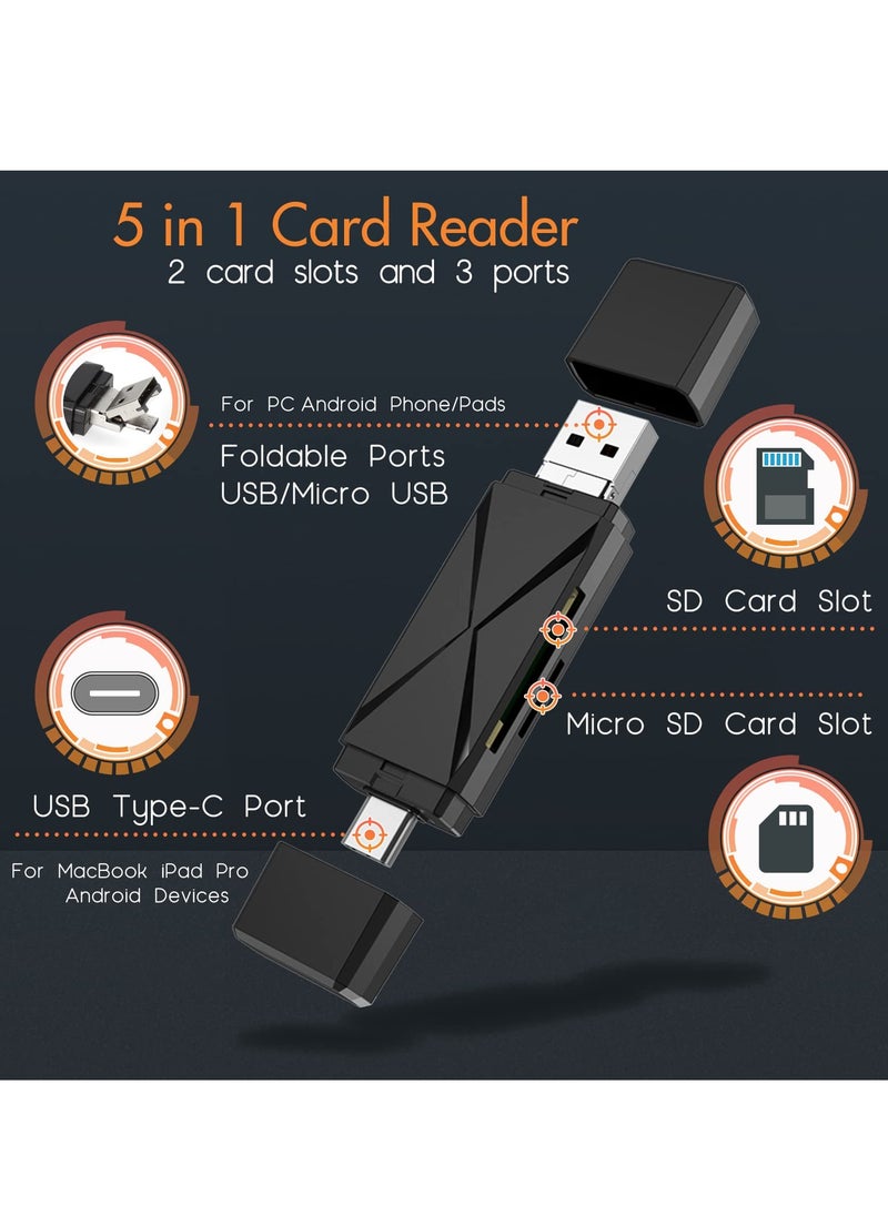 Excefore - 5 in 1 SD Card Reader for Android, USB C and USB 2.0, Micro SD Card to USB Adapter, Portable Memory Card Reader for PC Phone Pads (Black 2 Pack) - Image 1