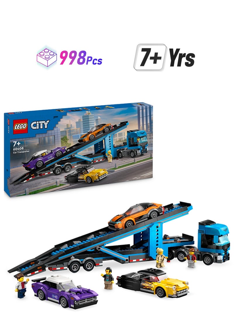 LEGO City Car Transporter Truck With Sports Cars, 4 Vehicle Toy Set For Boys And Girls Aged 7 Plus, Or Birthday Gift For Kids, 4 Minifigures For Imaginative Play (998 Pieces) 60408  - Image 1