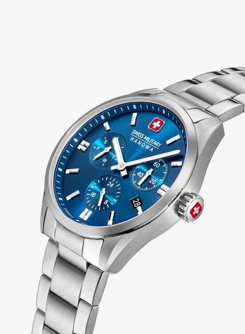 SWISS MILITARY HANOWA Roadrunner Blue Dial Silver Stainless Steel Bracelet Chronograph Watch Men 43mm