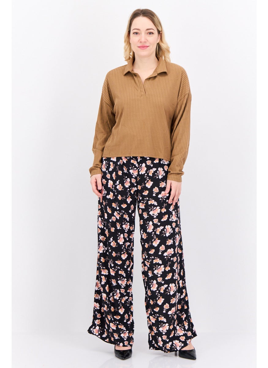 POOF - Women Spread Collar Long Sleeves Textured Blouse, Brown - Image 1