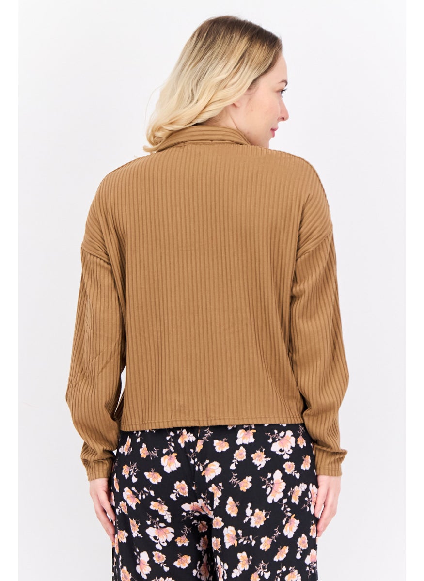 POOF - Women Spread Collar Long Sleeves Textured Blouse, Brown - Image 1
