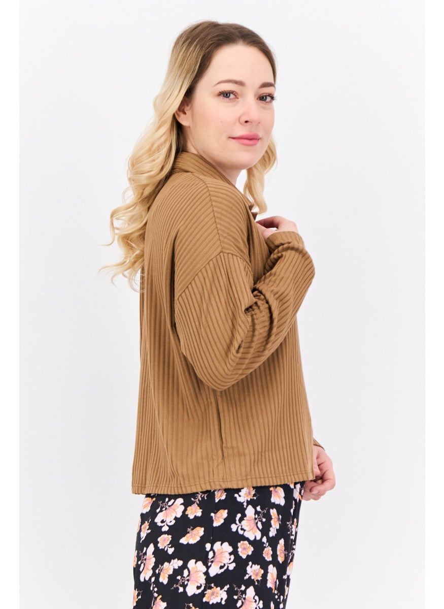 POOF - Women Spread Collar Long Sleeves Textured Blouse, Brown - Image 1