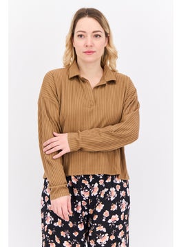 Women Spread Collar Long Sleeves Textured Blouse, Brown