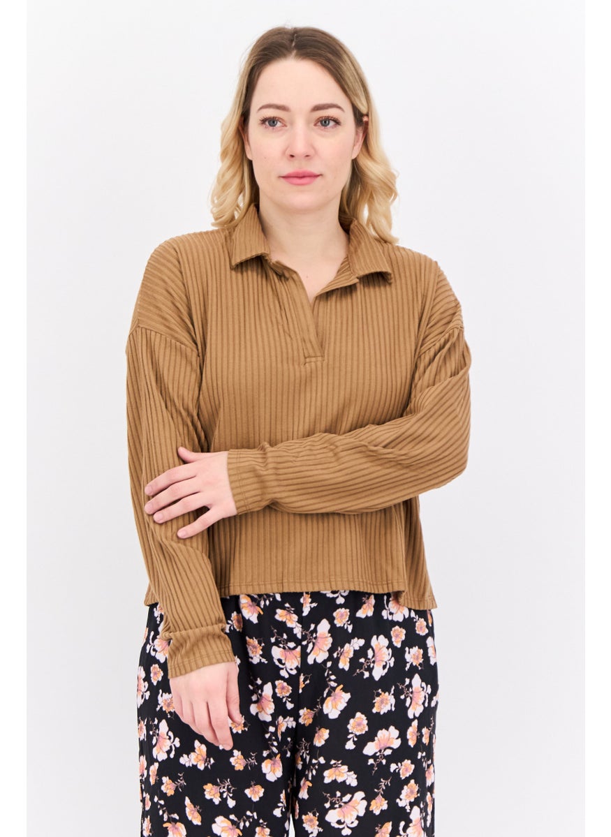 POOF - Women Spread Collar Long Sleeves Textured Blouse, Brown - Image 1