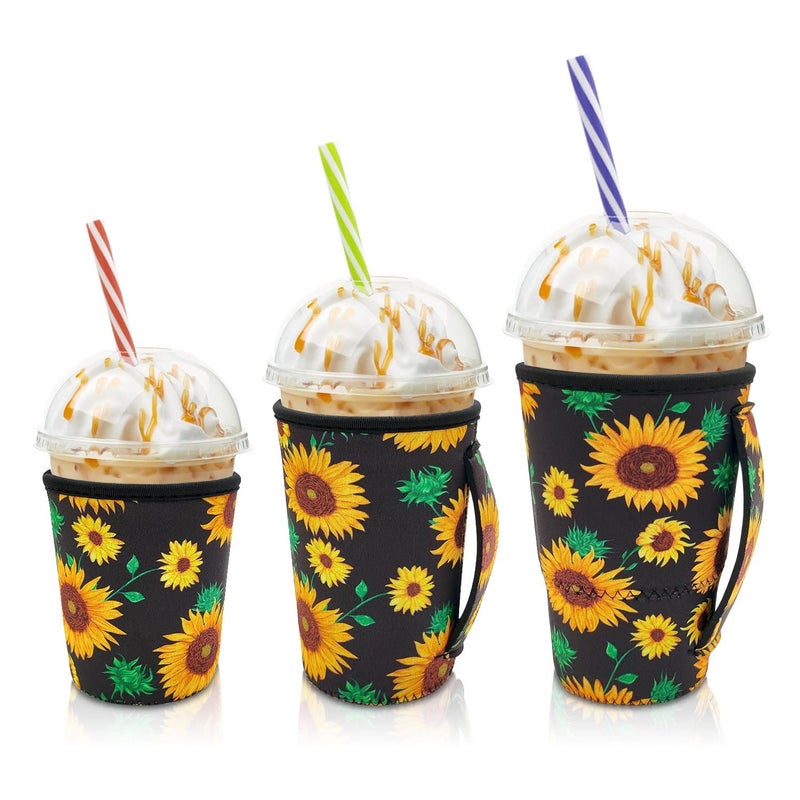AJLTPA AJLTPA Iced Coffee Sleeve Insulator Sleeves for Cold Drinks Beverages 3 Pack Reusable Neoprene Cup Sleeve with Handle for 1632oz Coffee cupsBlack Sunflower 
