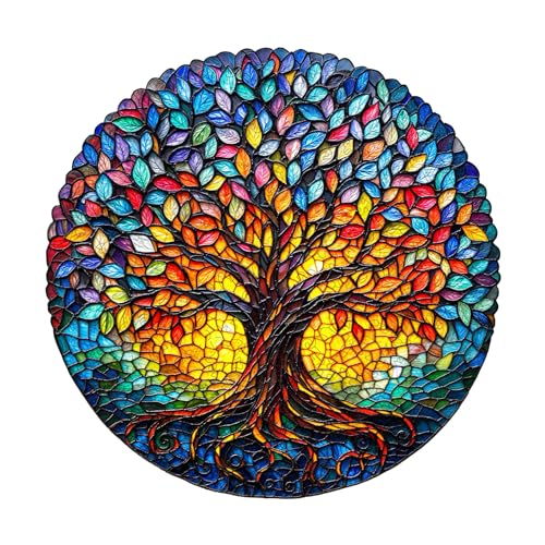 WOODBESTS Wooden Puzzles for Adults100 Pieces85 84in Colored Glass Life Tree Wood Puzzles AdultUnique Shape Wooden Jigsaw Puzzles with Wooden Storage BoxPersonalized Gifts for Puzzle Lovers - Image 1