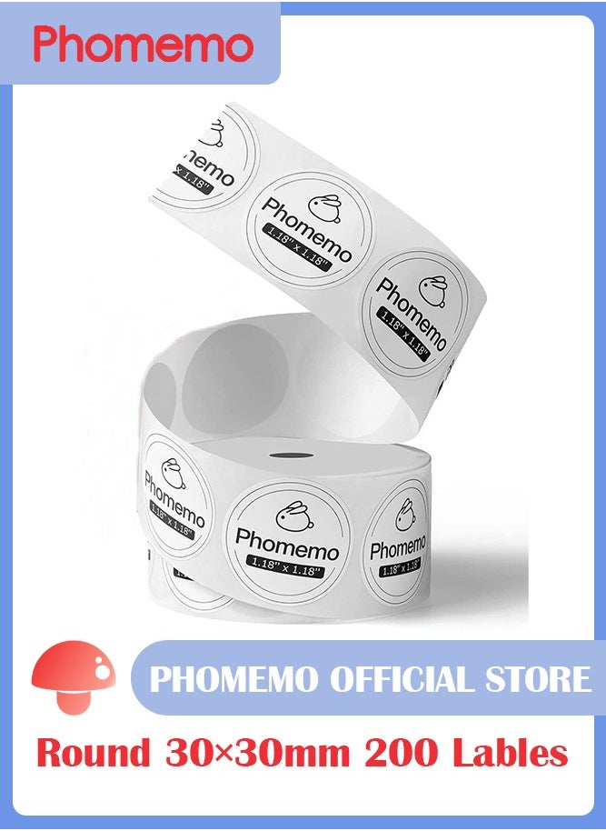 phomemo - Multi-Purpose Self-Adhesive Round Thermal Label for M110/M200 Label Maker, 1.18'' x 1.18'' (30x30 mm) Thermal Label, 200 Labels/Rolls, Black on White - Image 1