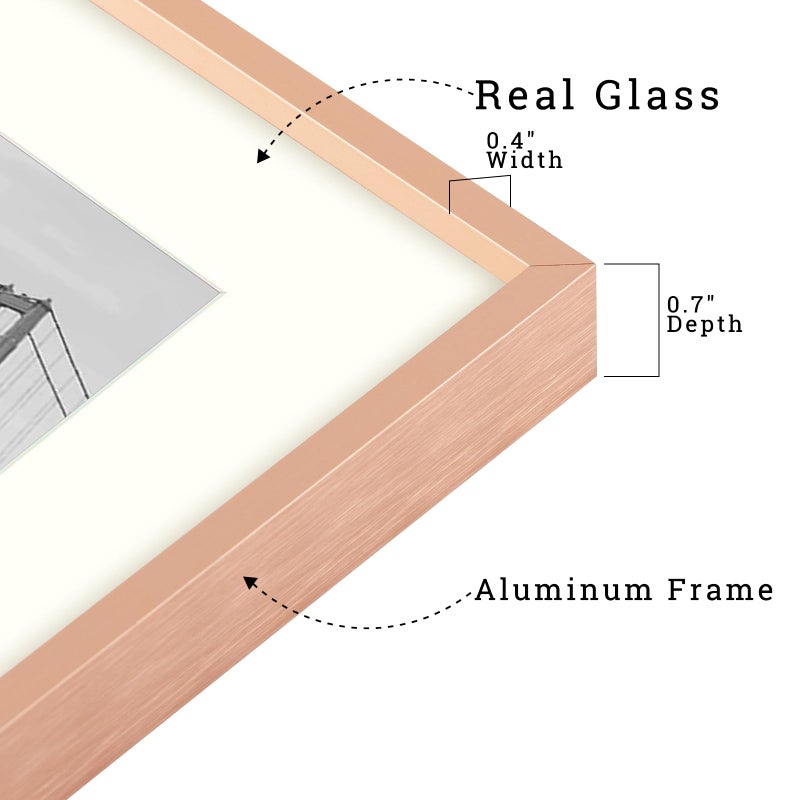 Frametory, 16x20 Metal Picture Frame with Mat for 11x14 Picture & Real Glass, Aluminum Photo Frame Collection (Rose Gold, 1 Pack) - Image 3