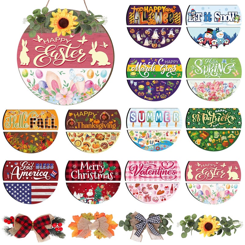 Gameza Interchangeable Welcome Sign Magnetic, Wooden Seasonal Welcome Sign for Front Door, Door Hanging Decor with 4 Seasonal Wreaths and 24 Changeable Icons Farmhouse Home Decorations - Image 1