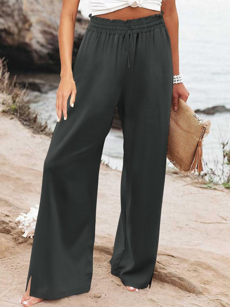 KISSMODA Womens Summer Wide Leg Pants Petite Loose Palazzo Lounge Pants Adjustable Casual Comfy Flowy Trousers Gray S - Image 4