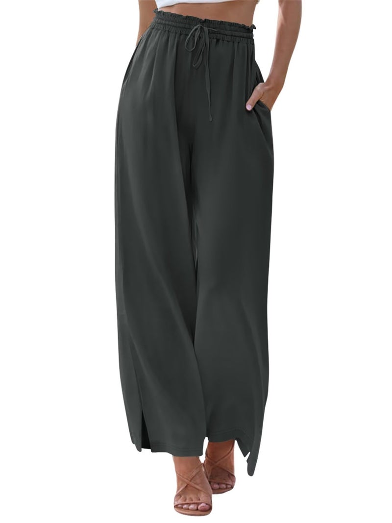 KISSMODA Womens Summer Wide Leg Pants Petite Loose Palazzo Lounge Pants Adjustable Casual Comfy Flowy Trousers Gray S - Image 1