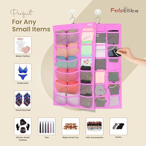 FAB ELLITE Double-Sided Hanging Organizer with 30 Transparent Clear Pockets | Versatile Wall & Closet Storage Bag for Socks, Bras, Underwear, and Accessories | Stylish Pink (Pack of 1) - Image 3