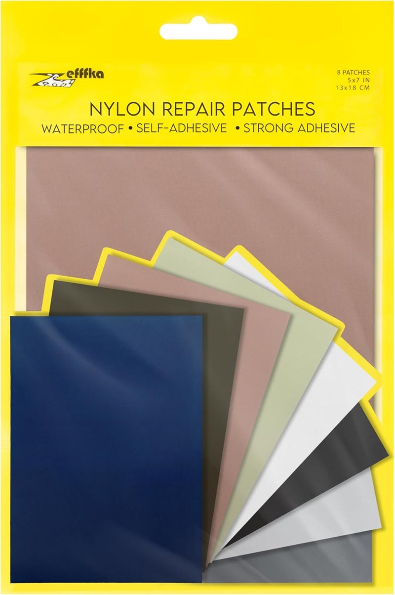 ZEFFFKA Nylon Self-Adhesive Repair Patches 8 Pack Waterproof Durable 5x7 Inch 13x18 cm Fabric Patches for Jackets Tents Backpacks Sleeping Bags Clothing 8 Assorted Colors No Ironing Easy Fix - Image 1