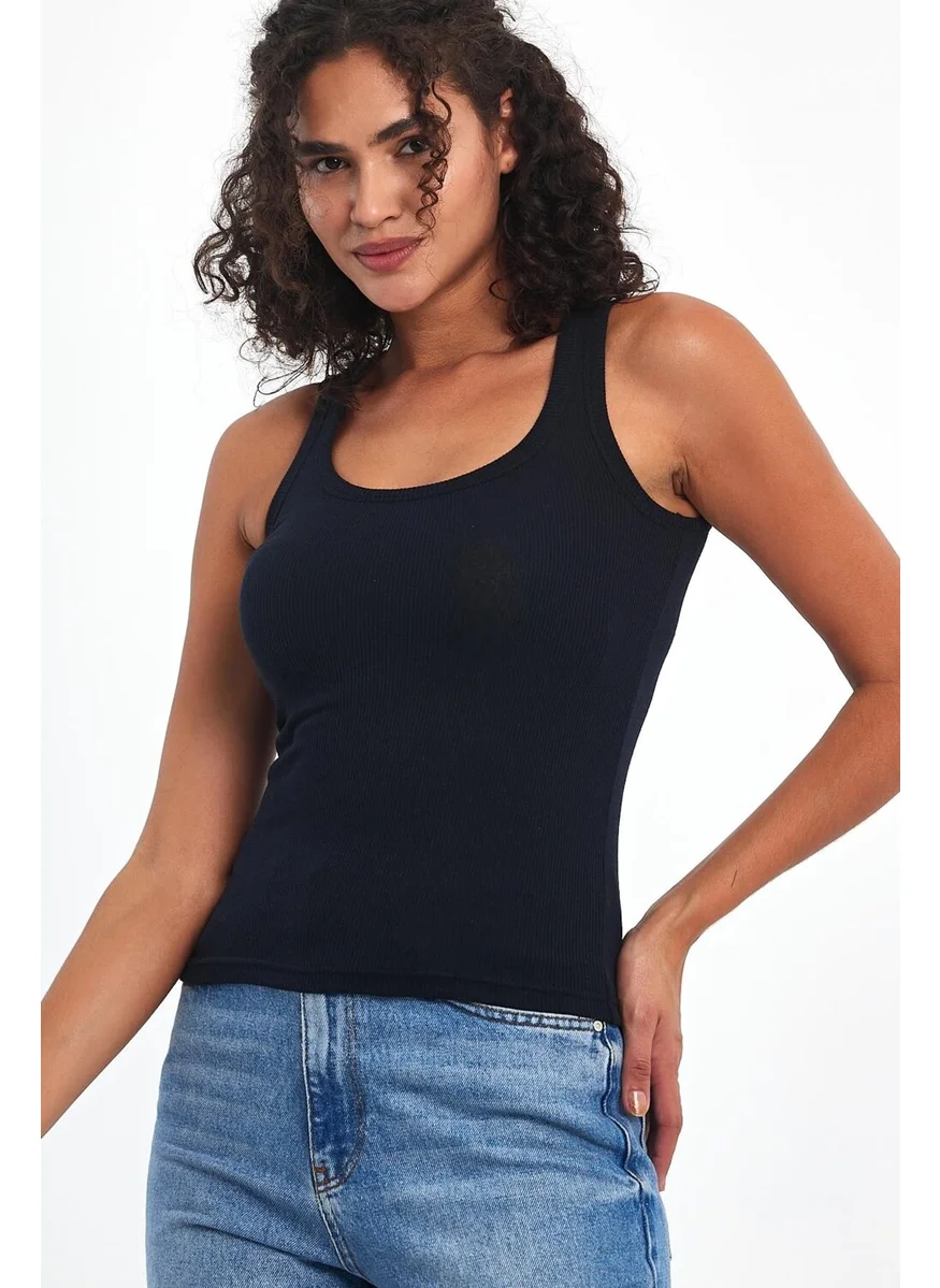 mmetalic Women's Navy Blue Corduroy Look Strap Thick Basic Tank Top Blouse