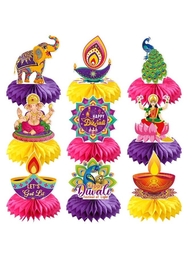 Happy Diwali Honeycomb Centerpieces-9pcs/Set 3D Table Decorations for Diwali Parties, Home Puja & Birthday Celebrations - Image 1