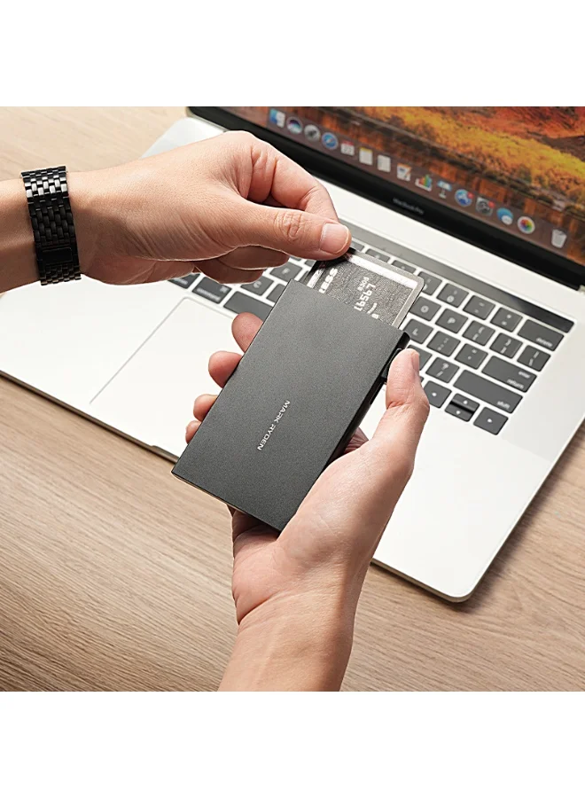 MARK RYDEN Mark Ryden MR23 Black Metal Card Holder, Slim Aluminum Alloy Pop-Up Wallet, RFID Blocking, Lightweight 0.05 kg, Anti-Drop Design, Quick Card Access, Holds Up to 6 Cards – Black or Silver