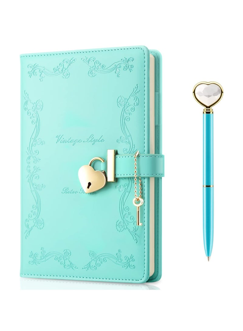 CMGTYYD Lock Diary with Key and Pen for Girls, 192 Pages Vintage Leather Heart Shaped Journal Notebook with Lock and Diamond Pen, A5 Cute Locked Secret Diaries for Women (Green) - Image 1