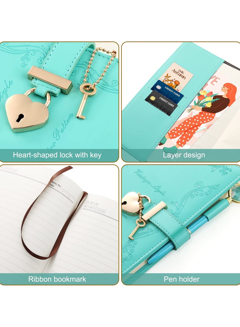 CMGTYYD Lock Diary with Key and Pen for Girls, 192 Pages Vintage Leather Heart Shaped Journal Notebook with Lock and Diamond Pen, A5 Cute Locked Secret Diaries for Women (Green) - Image 2