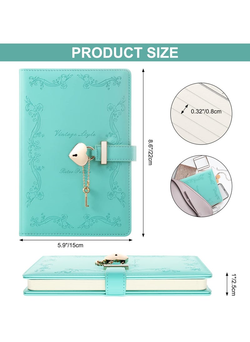 CMGTYYD Lock Diary with Key and Pen for Girls, 192 Pages Vintage Leather Heart Shaped Journal Notebook with Lock and Diamond Pen, A5 Cute Locked Secret Diaries for Women (Green) - Image 3