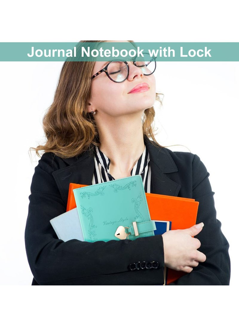 CMGTYYD Lock Diary with Key and Pen for Girls, 192 Pages Vintage Leather Heart Shaped Journal Notebook with Lock and Diamond Pen, A5 Cute Locked Secret Diaries for Women (Green) - Image 4