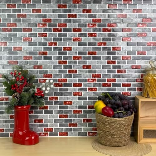 WalDecoo Marble Peel and Stick Backsplash for Kitchen, 10-Sheet Stick on Backsplash for Bathroom, Large Self-Adhesive Kitchen Backsplash, Red Marble Look Decorative Tiles（12"×12"） - Image 2