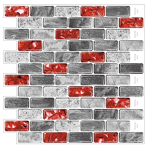 WalDecoo Marble Peel and Stick Backsplash for Kitchen, 10-Sheet Stick on Backsplash for Bathroom, Large Self-Adhesive Kitchen Backsplash, Red Marble Look Decorative Tiles（12"×12"） - Image 1
