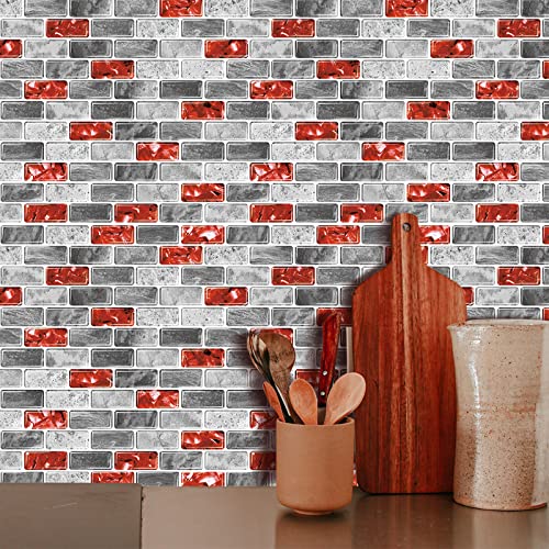 WalDecoo Marble Peel and Stick Backsplash for Kitchen, 10-Sheet Stick on Backsplash for Bathroom, Large Self-Adhesive Kitchen Backsplash, Red Marble Look Decorative Tiles（12"×12"） - Image 3