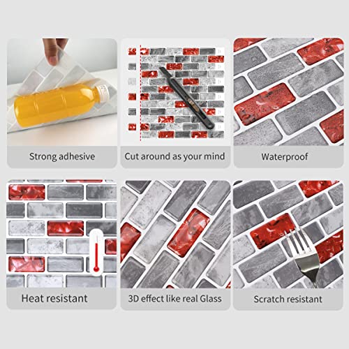 WalDecoo Marble Peel and Stick Backsplash for Kitchen, 10-Sheet Stick on Backsplash for Bathroom, Large Self-Adhesive Kitchen Backsplash, Red Marble Look Decorative Tiles（12"×12"） - Image 5