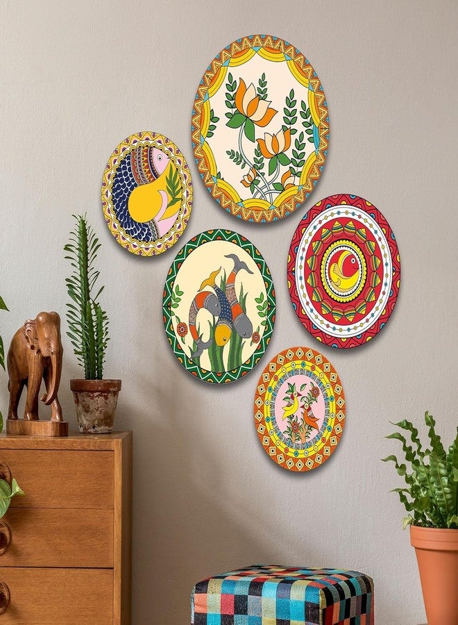 The Castle Decor Madhubani Wall Plates Set of 5- Traditional Indian Folk Art Decorative Plates for Living Room, Bedroom,Office,Home Decoration & Gift for All (Design-4) - Image 1