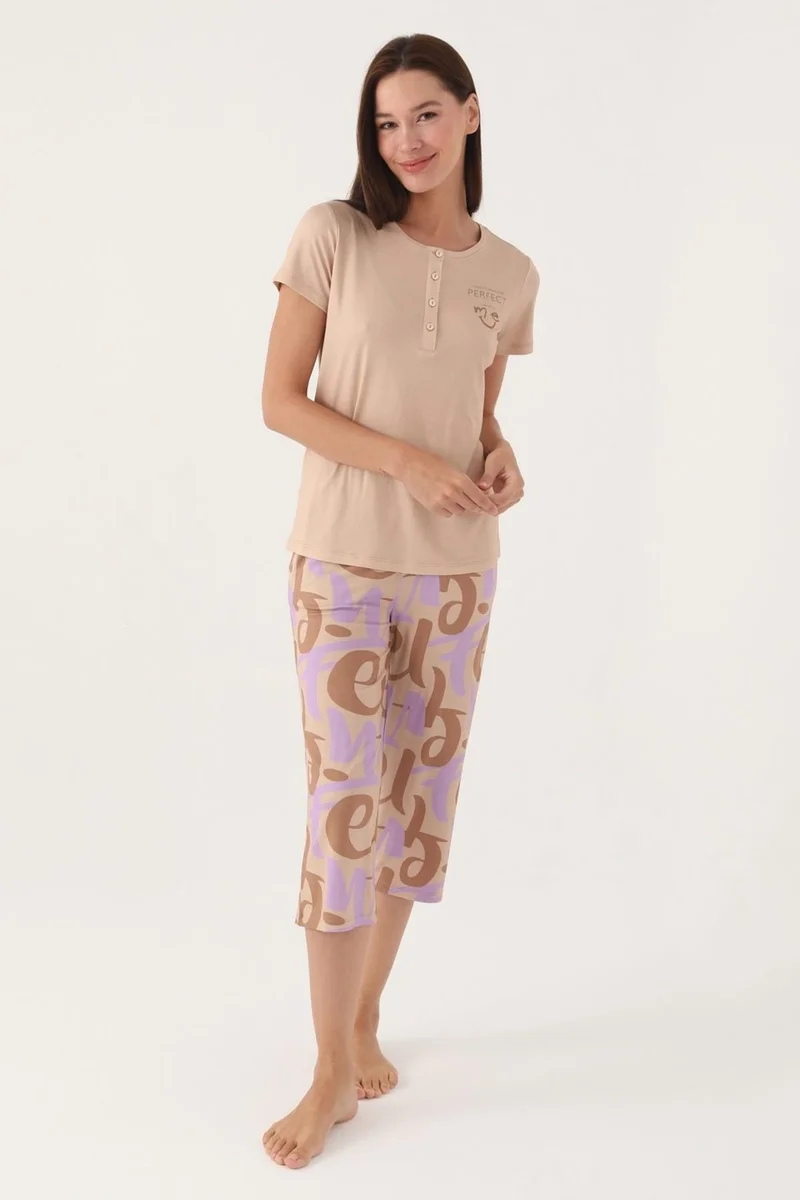 ارنيتا Button-down Collar Short Sleeve Capri Set, Plus Size Capri, 100% Cotton