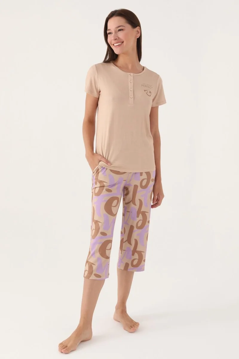 ارنيتا Button-down Collar Short Sleeve Capri Set, Plus Size Capri, 100% Cotton